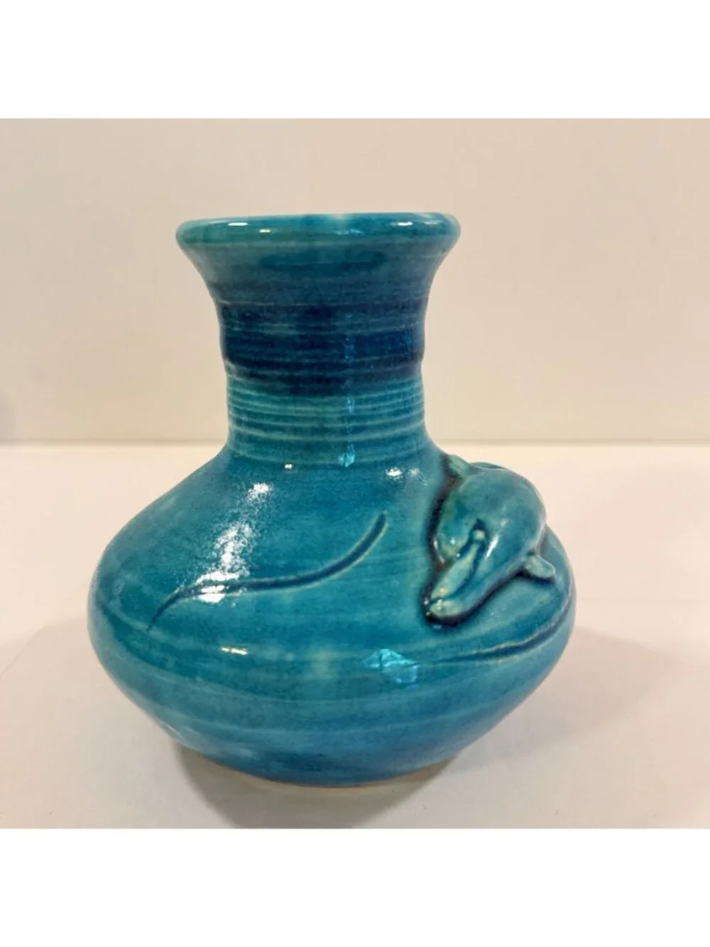 Vintage Dolphin Lagoon Ocean Blue Vase Handmade Studio Pottery 4 1/2